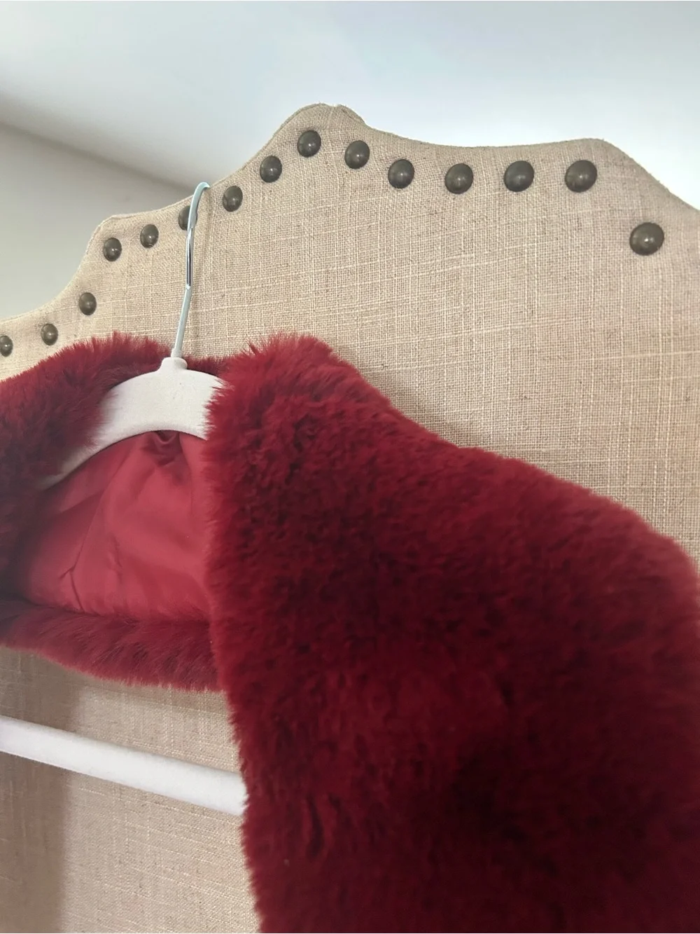 Red Faux Fur Collar Scarf Wrap Deep Burgundy Wine Vegan